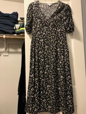 Time and Tru Black Midi Dress with Cream Floral Print
